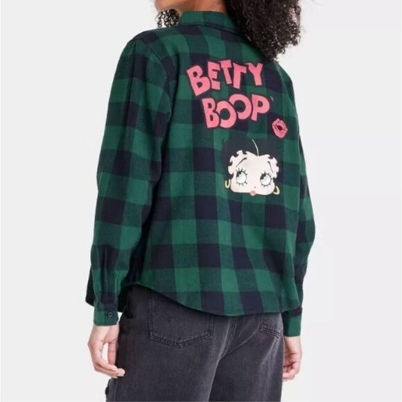 Betty Boop women’s L button up hunter green flannel checkered plaid lumberjack s - Picture 1 of 8
